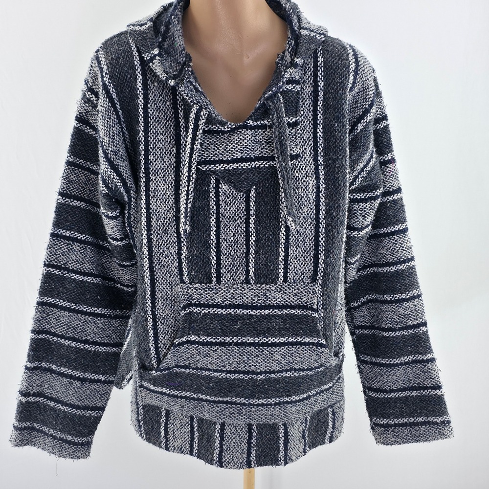 Unbranded Baja Hoodie Mens Large Gray‎ Navy Striped Jerga Pullover Casual Pocket